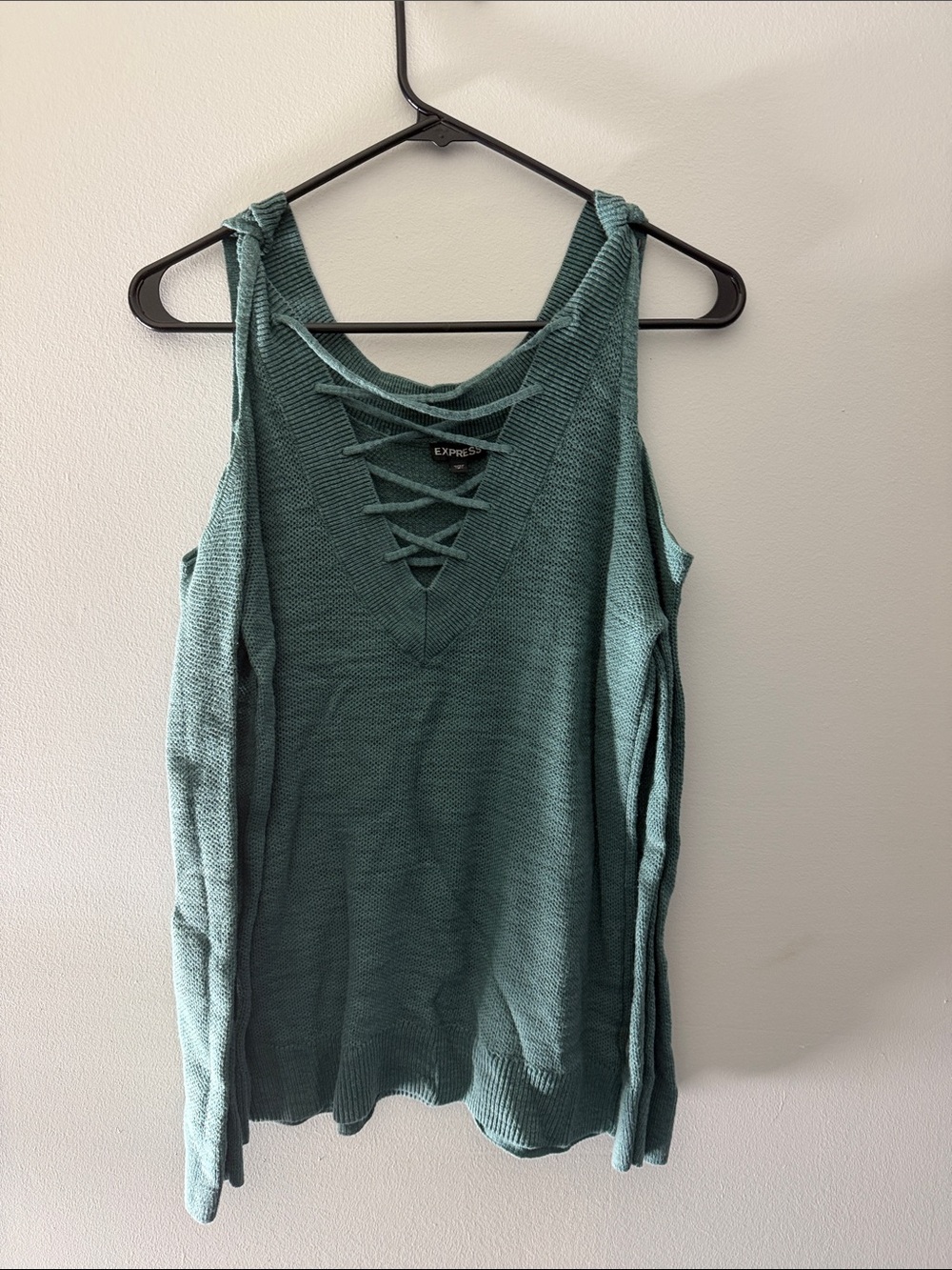 Express Teal Lace-Up Cold-Shoulder Knit Sweater